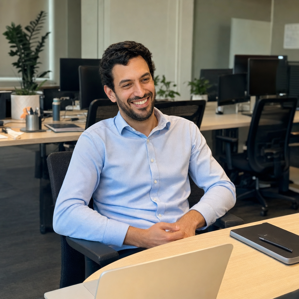 Business professional smiling, representing a successful B2B contact acquired through domain lead generation.