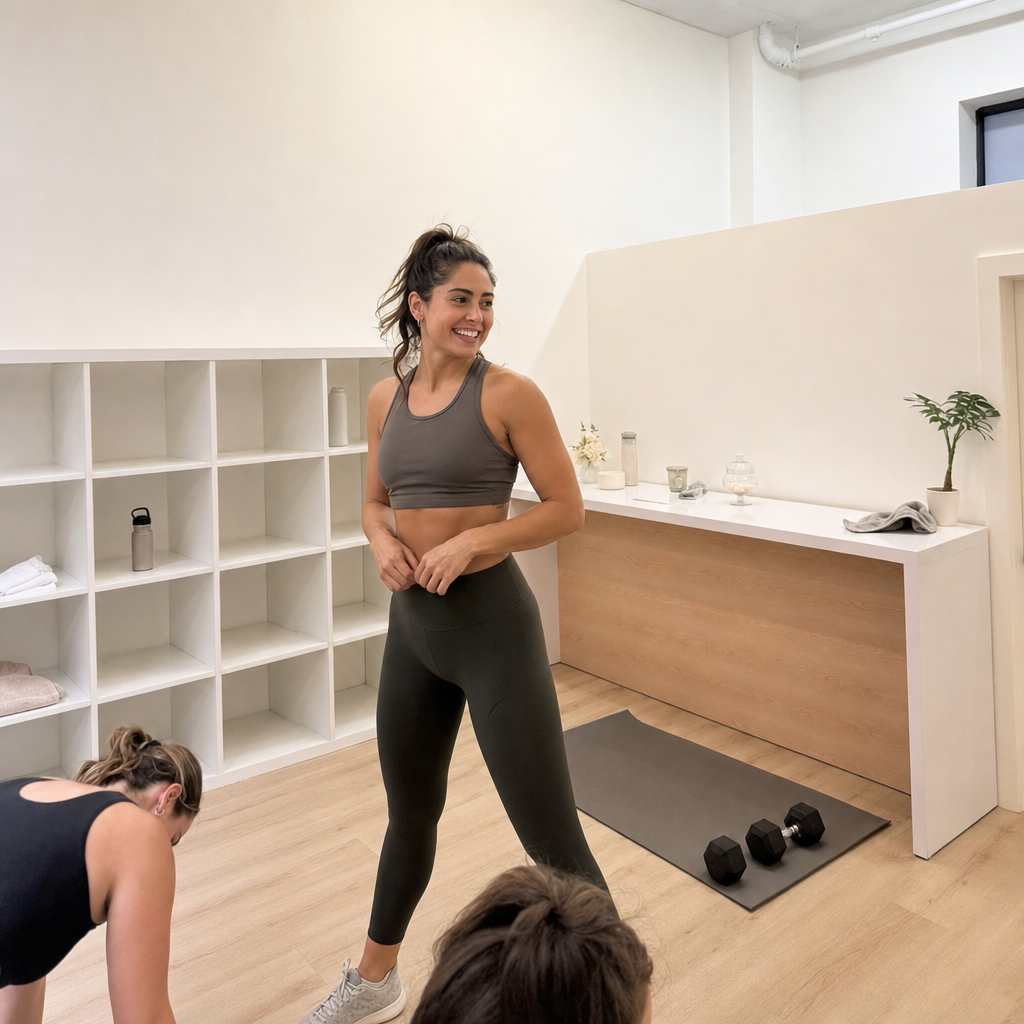 A fitness trainer smiling during a Serotonin Club NYC workout session.