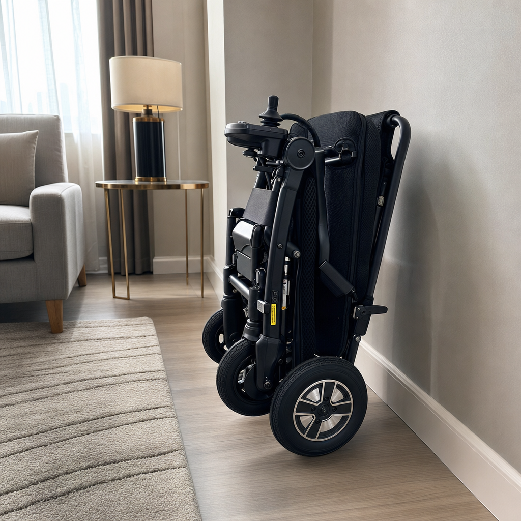 A compact, folded electric wheelchair, demonstrating its easy storage and transport capabilities.