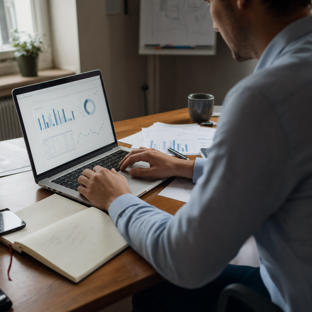 A professional businessperson working on a laptop, representing AI-powered sales lead generation.