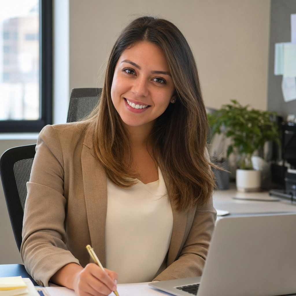A professional business woman smiling, representing a potential newly registered domain lead.