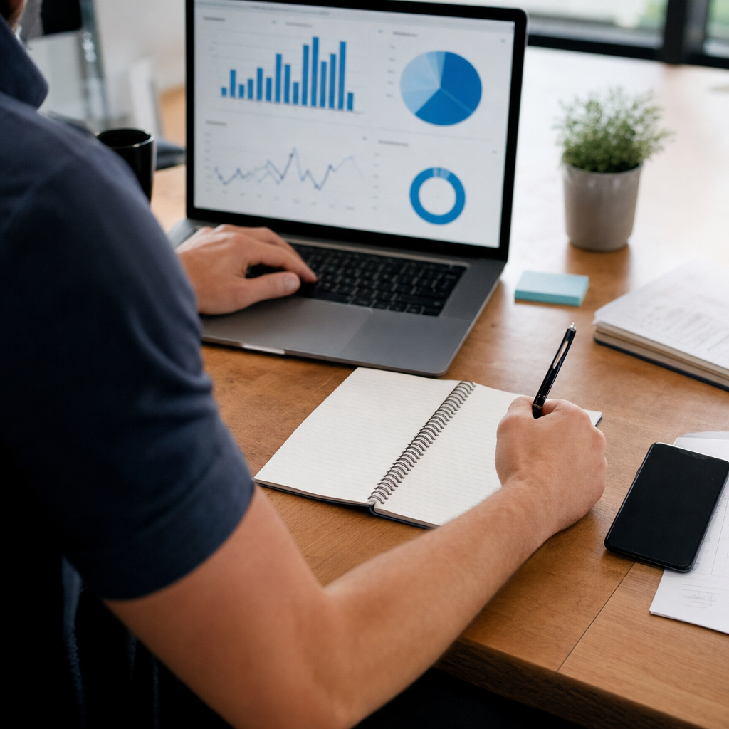 A smiling sales professional analyzing data, illustrating successful B2B lead generation.