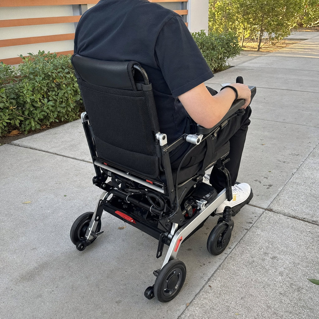 A lightweight foldable electric wheelchair being used outdoors, showcasing its portability and modern design.