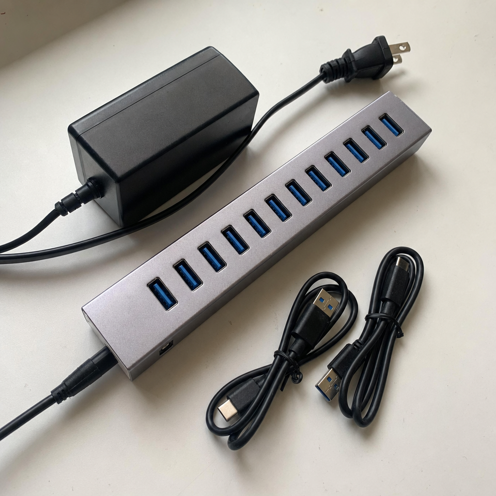The ACASIS 10-Port USB 3.2 Hub shown with its power adapter and connection cables.