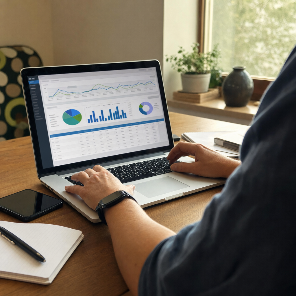 A business professional working on a laptop, analyzing newly registered domain leads for marketing.
