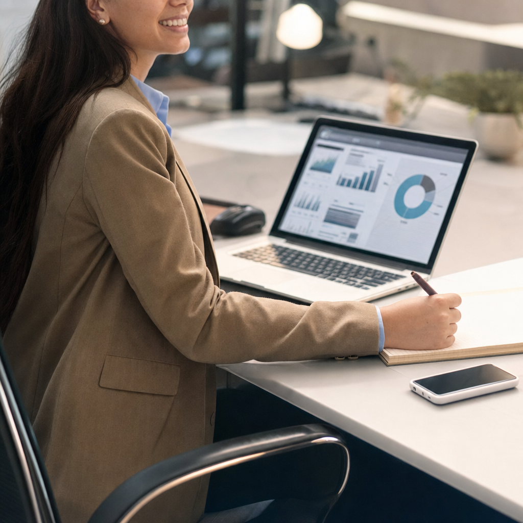 A smiling professional businessperson representing a successful sales lead generated through AI.