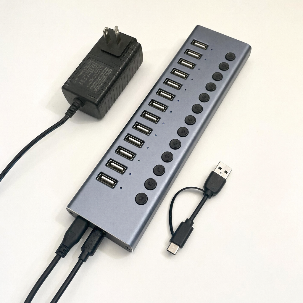 ACASIS 10-Port USB 3.2 Hub featuring an aluminum shell and individual power switches for each port.
